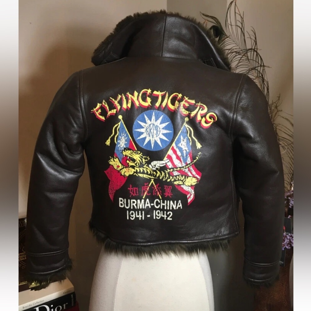 Flying Tigers Embroidered Leather Bomber Jacket - Brown